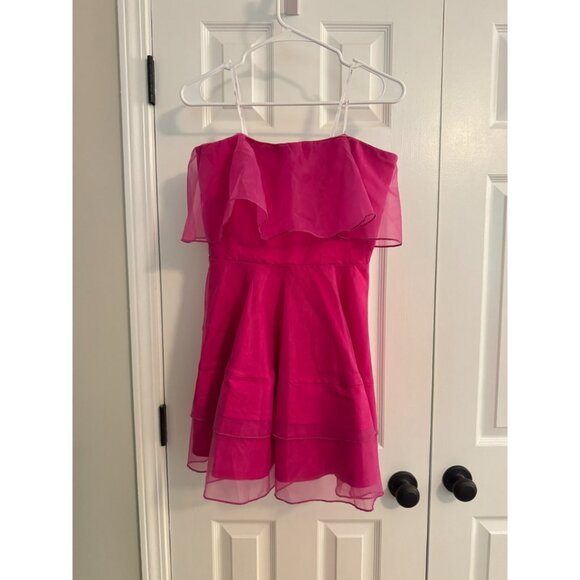 Lulus Magenta Organza Ruffled Strapless Mini Dress Pink - Size L - Picture 4 of 7